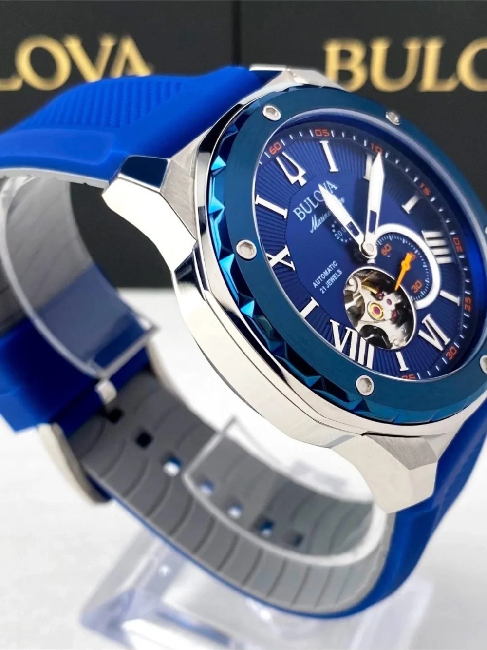 Bulova Blue Open-Heart Automatic Men's Watch with Blue Strap and Orange Accent